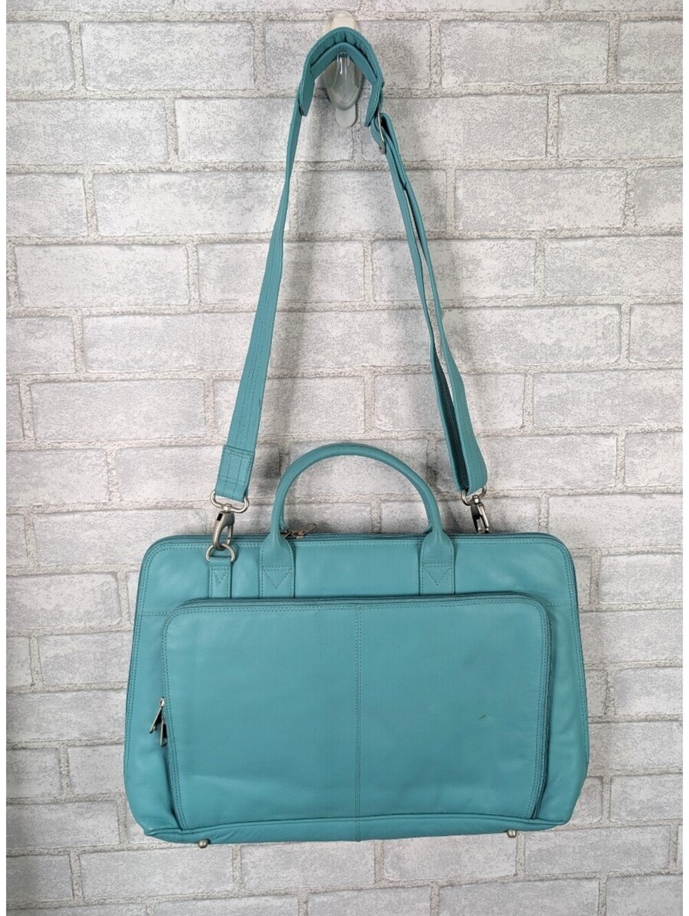 ILI Teal Leather Messenger Bag Briefcase Laptop Case Turquoise 12x19"